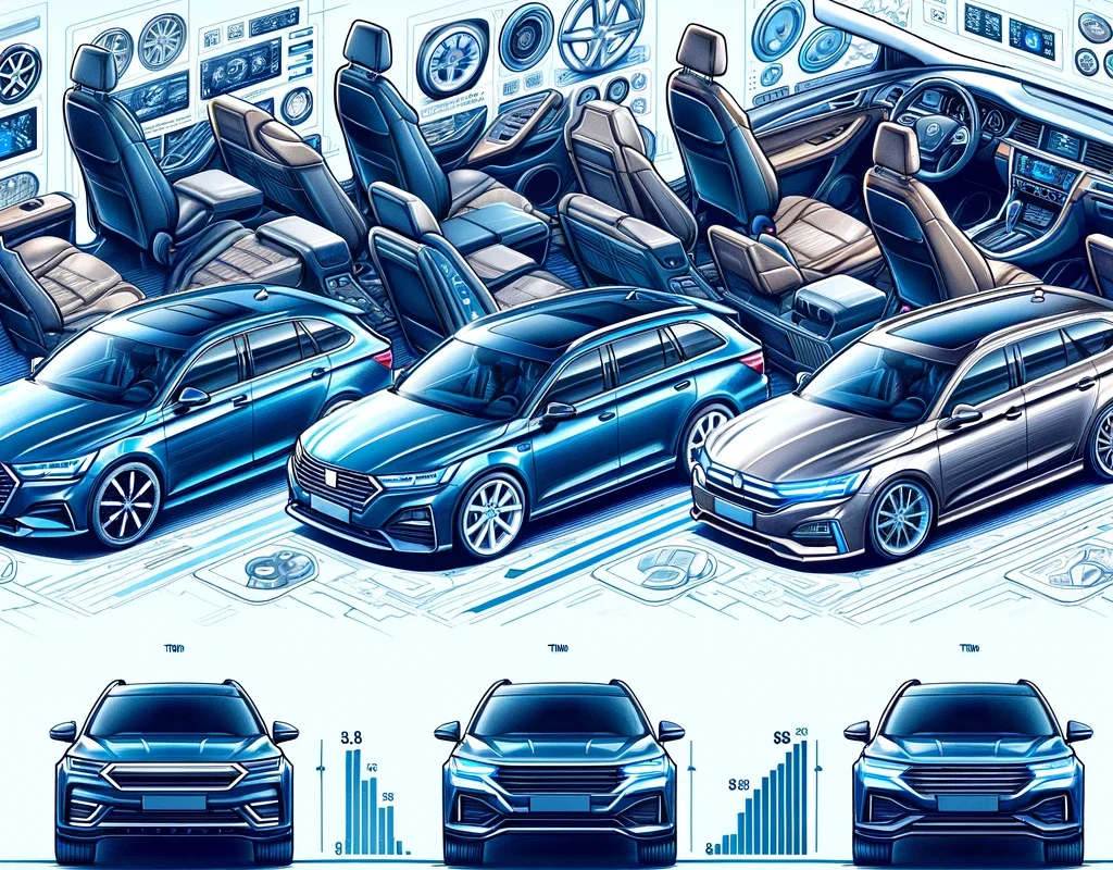 A comparison of different car trims and variants, showcasing the exterior and interior features of each