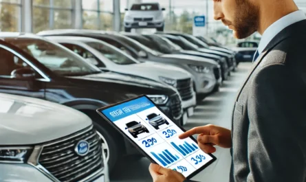 A person evaluating different car models in a dealership, highlighting key features and price comparisons to choose the best car for their lifestyle and budget