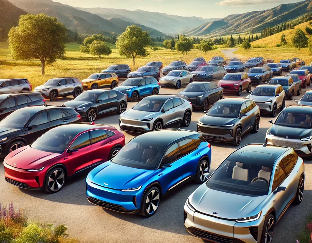 A lineup of 2024 cars in various colors and models parked in a scenic outdoor setting.