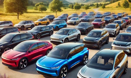 A lineup of 2024 cars in various colors and models parked in a scenic outdoor setting.