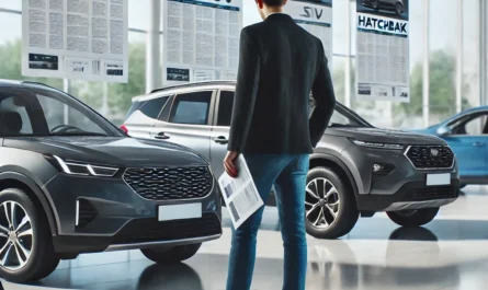 A person comparing a sedan, SUV, and hatchback in a car dealership, highlighting key differences in design, size, and features for making the best decision