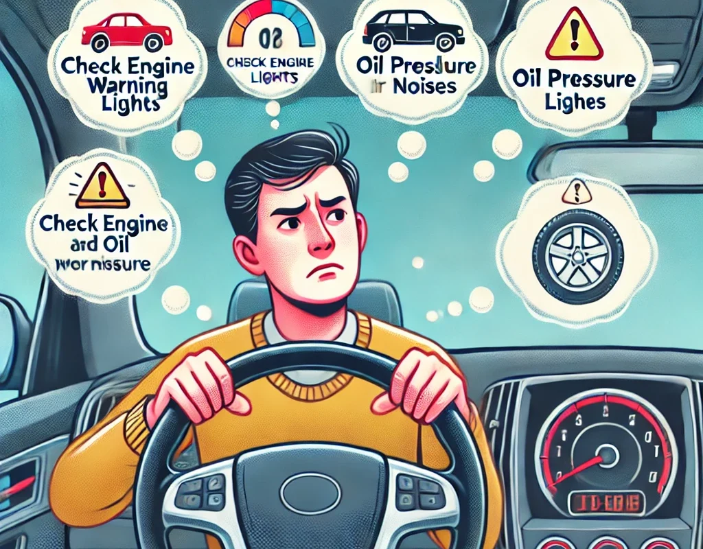 A driver identifying common car problems, including engine noises and dashboard warning lights.