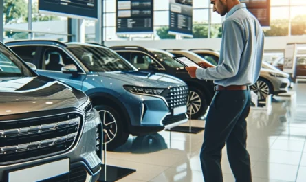 A person comparing different car variants in a dealership, focusing on key features like safety, comfort, and technology to make the right choice