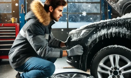 A mechanic performing winter maintenance on a car, checking tire tread and antifreeze levels, ensuring the vehicle is ready for cold weather