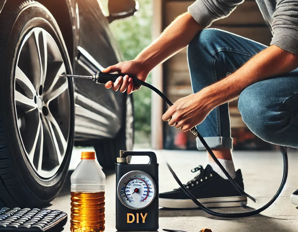 A person performing DIY car maintenance, such as checking tire pressure and oil levels, highlighting affordable vehicle care.