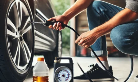 A person performing DIY car maintenance, such as checking tire pressure and oil levels, highlighting affordable vehicle care.