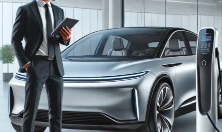 A buyer standing next to a modern electric vehicle in 2024, exploring purchase options.