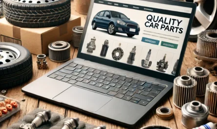 A variety of quality car parts displayed on a laptop screen, symbolizing online shopping.