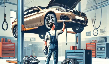 A mechanic performing essential car maintenance tasks, including checking fluids, tires, and engine components