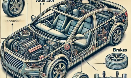 Diagram showing the top 10 essential car parts in a vehicle for maintenance and safety.