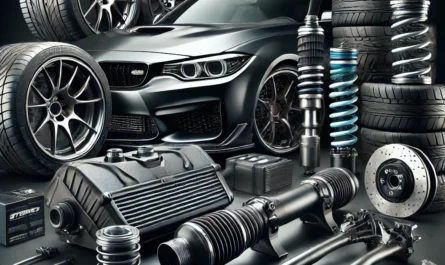 A selection of car parts, including an air intake system, performance tires, and upgraded suspension components, highlighting enhanced vehicle performance