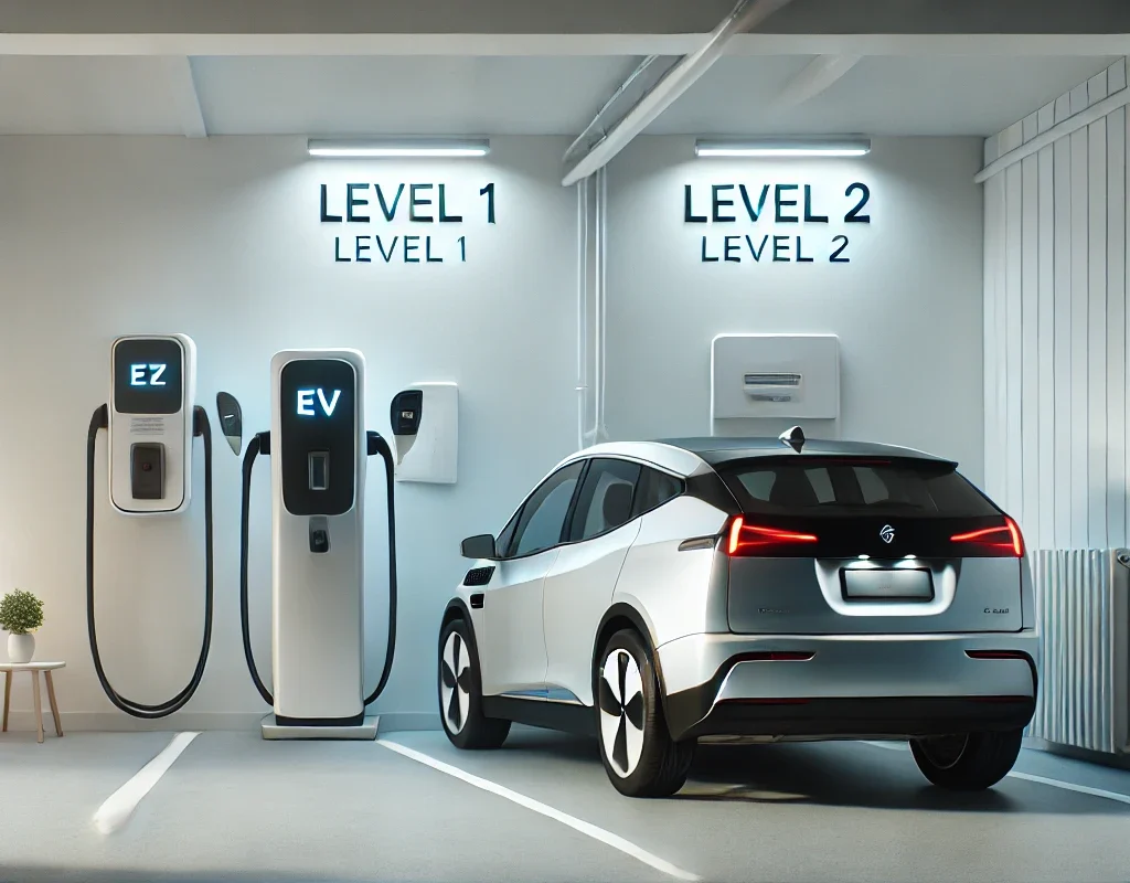 An electric car charging in a home garage, illustrating different options and costs for home EV charging.