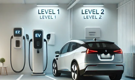 An electric car charging in a home garage, illustrating different options and costs for home EV charging.