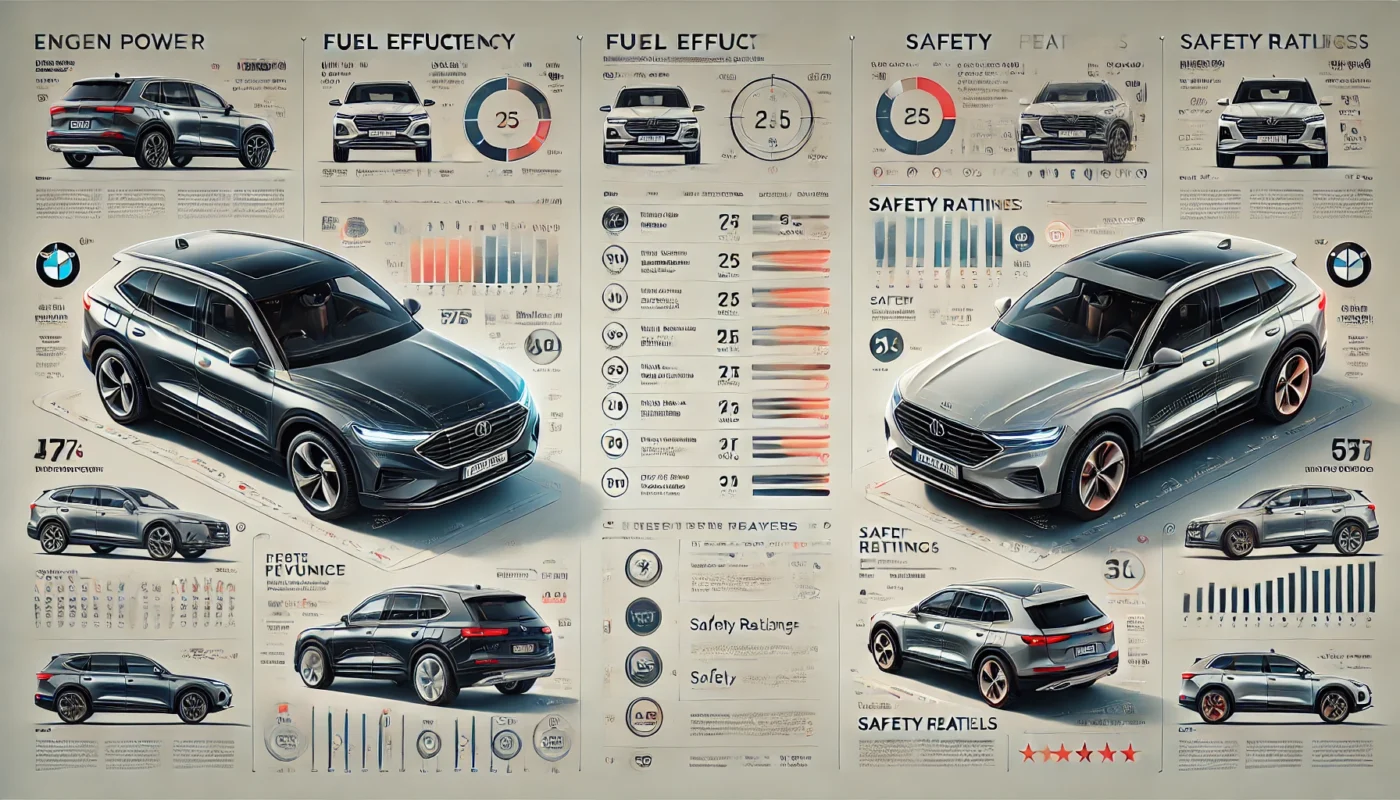 Comparison of car features and specifications in a detailed review setting.