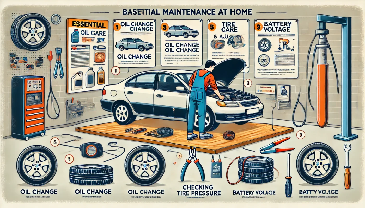 Steps for performing basic car maintenance at home, including oil changes, tire care, and battery checks.