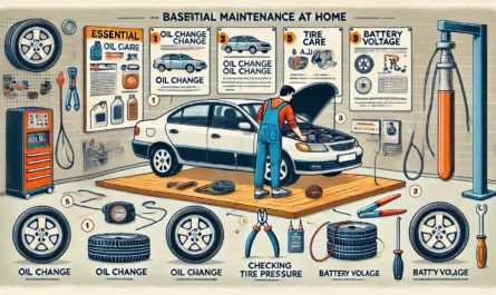 Steps for performing basic car maintenance at home, including oil changes, tire care, and battery checks.