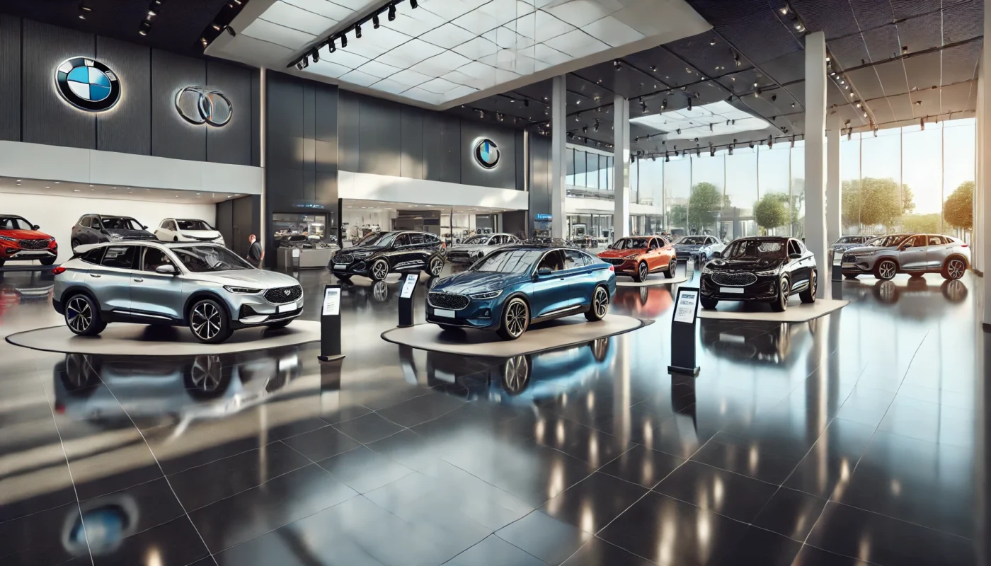 Various car models and variants on display in a showroom